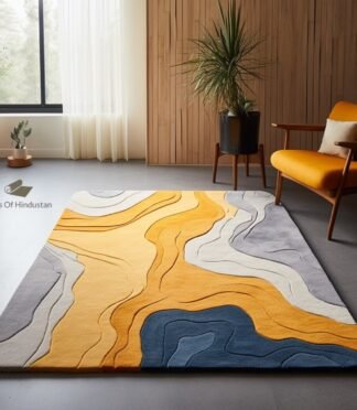 Abstract Yellow River Design Rectangular Shape Premium Hand Tufted Colorful Woolen Area Rug