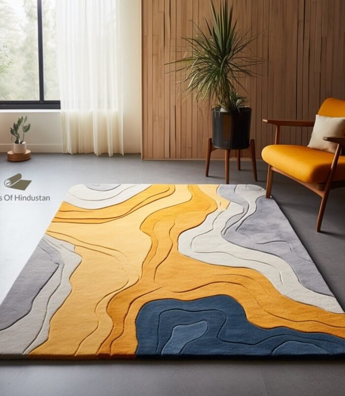 Abstract Yellow River Design Rectangular Shape Premium Hand Tufted Colorful Woolen Area Rug