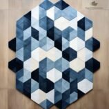 Handmade geometric hexagon rug in blue, navy, and cream, designed for modern and minimalist interiors, by Rugs Of Hindustan
