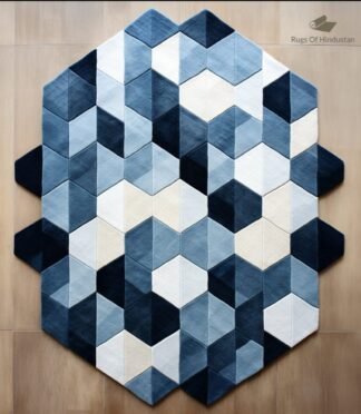 Handmade geometric hexagon rug in blue, navy, and cream, designed for modern and minimalist interiors, by Rugs Of Hindustan