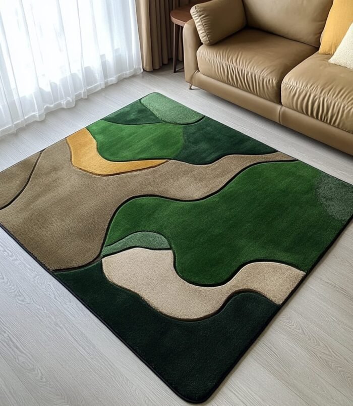 Handmade nature-inspired wool rug featuring green, beige, and yellow tones, perfect for modern and nature-themed interiors.