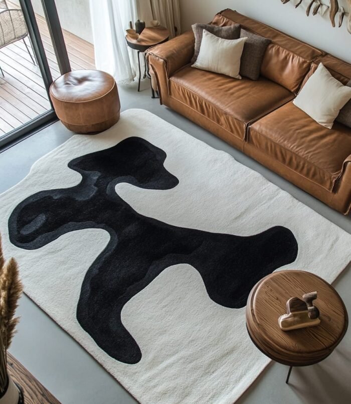 Modern abstract black and white rug with a bold artistic design, ideal for contemporary living spaces.