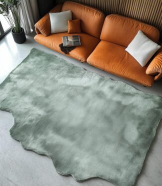 Mint green area rug with a wavy border design placed in a modern living room.