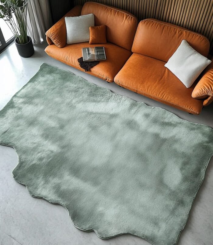 Mint green area rug with a wavy border design placed in a modern living room.