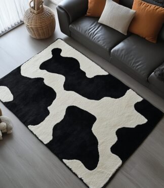 Black and white abstract cowhide area rug with a modern animal print design in a contemporary living room.