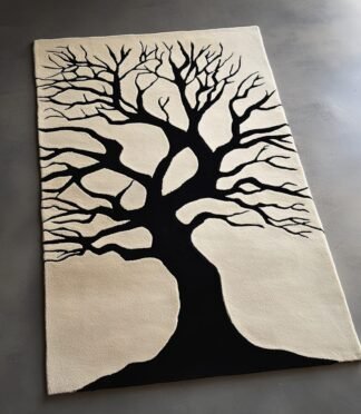 Black tree silhouette area rug with a bold design for modern home interiors.