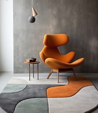 Modern abstract arch-shaped area rug with geometric orange, grey, and green design, perfect for contemporary interiors.