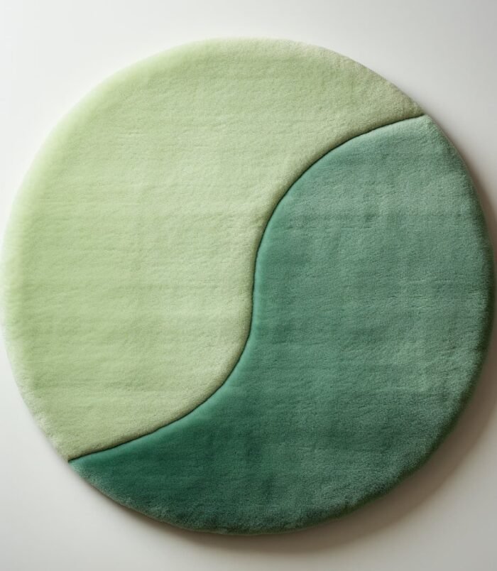 Modern round green gradient area rug with yin-yang-inspired design, ideal for serene and minimalist interiors.