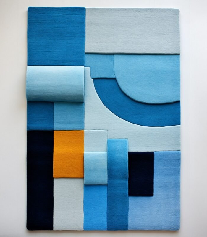 Modern geometric rectangular rug in shades of blue with bold yellow accent for contemporary interiors.