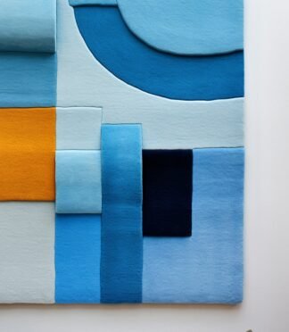 Modern geometric rectangular rug in shades of blue with bold yellow accent for contemporary interiors.