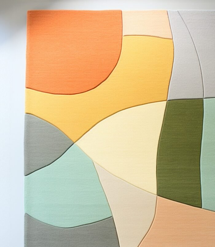 Modern abstract area rug with warm earthy tones and organic patterns, ideal for contemporary interiors.