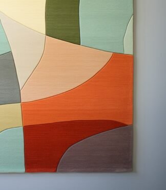 Modern abstract area rug with warm earthy tones and organic patterns, ideal for contemporary interiors.