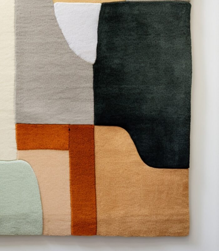 Modern geometric area rug with earthy tones and abstract patterns, perfect for stylish interiors.