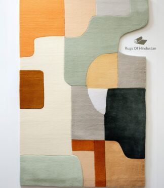 Modern geometric area rug with earthy tones and abstract patterns, perfect for stylish interiors.