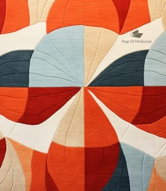 Modern abstract geometric area rug in bold red and neutral tones, ideal for stylish and contemporary interiors.