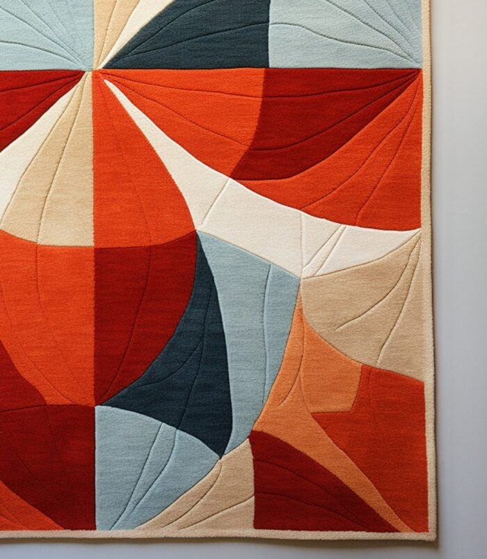 Modern abstract geometric area rug in bold red and neutral tones, ideal for stylish and contemporary interiors.