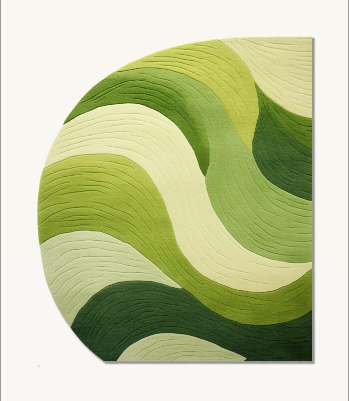 Modern green wave pattern area rug featuring vibrant shades of green, perfect for nature-inspired interiors.