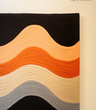 Contemporary orange wave pattern rug featuring bold shades of orange, black, and beige for modern interiors.