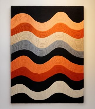 Contemporary orange wave pattern rug featuring bold shades of orange, black, and beige for modern interiors.