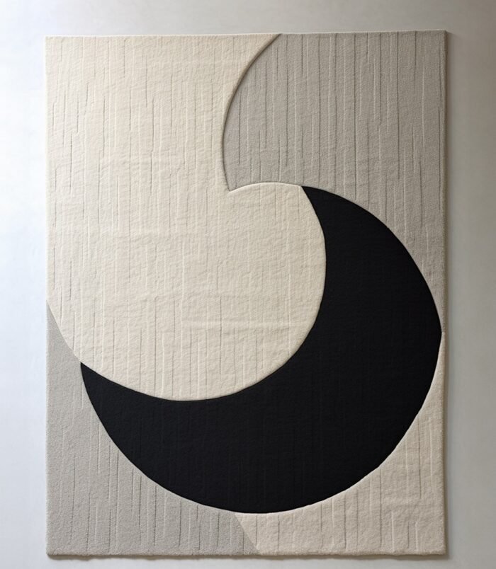 Minimalist crescent abstract rug with bold black crescent on a textured ivory backdrop for modern interiors.