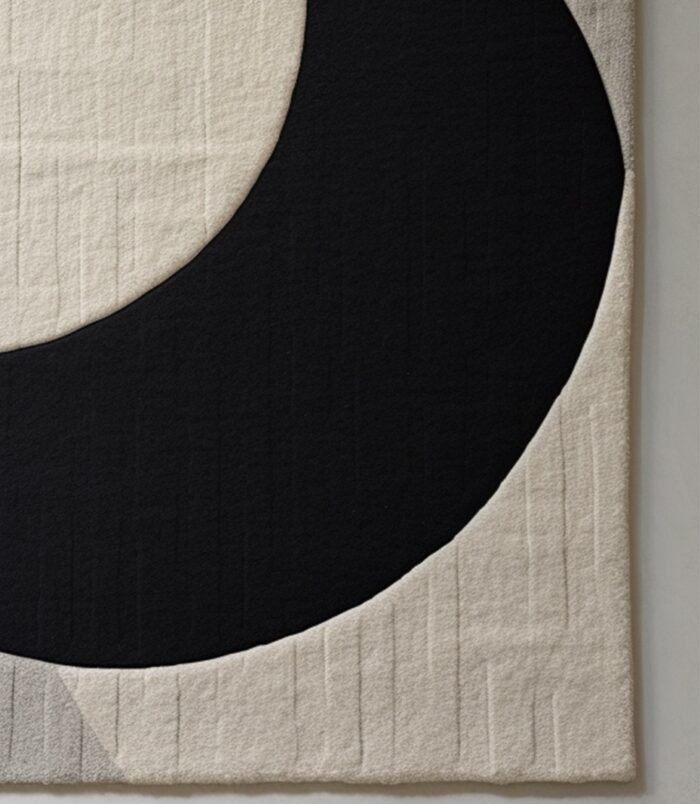 Minimalist crescent abstract rug with bold black crescent on a textured ivory backdrop for modern interiors.