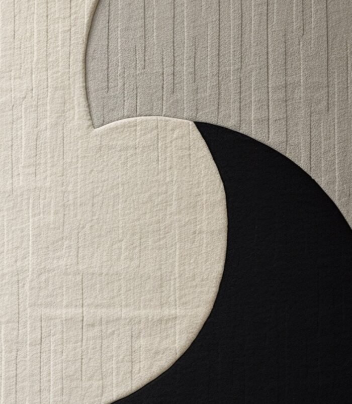 Minimalist crescent abstract rug with bold black crescent on a textured ivory backdrop for modern interiors.