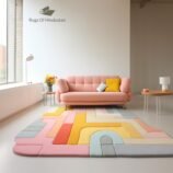 Pastel modern rug with multicolored abstract design in soft hues, enhancing a contemporary living space.