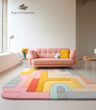 Pastel modern rug with multicolored abstract design in soft hues, enhancing a contemporary living space.