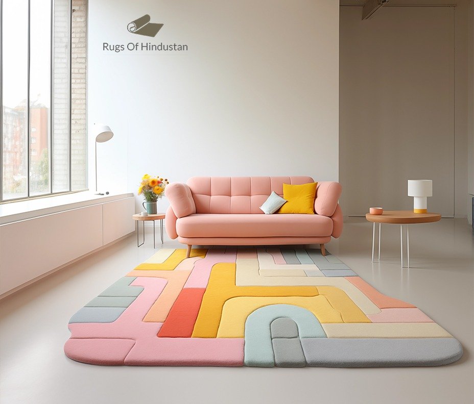 Pastel modern rug with multicolored abstract design in soft hues, enhancing a contemporary living space.