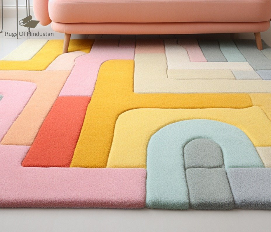 Pastel modern rug with multicolored abstract design in soft hues, enhancing a contemporary living space.