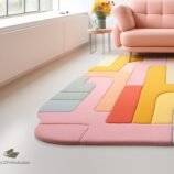 Pastel modern rug with multicolored abstract design in soft hues, enhancing a contemporary living space.