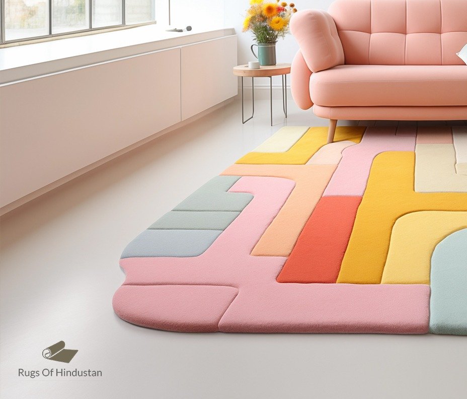 Pastel modern rug with multicolored abstract design in soft hues, enhancing a contemporary living space.
