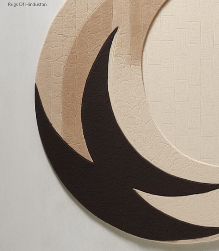 Circular crescent moon rug with a minimalist design in beige and black tones, perfect for modern decor.