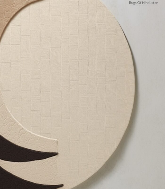 Circular crescent moon rug with a minimalist design in beige and black tones, perfect for modern decor.