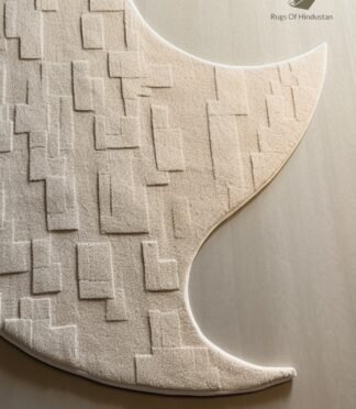 Crescent moon rug with geometric textures in neutral beige, designed for contemporary and minimalist interiors.