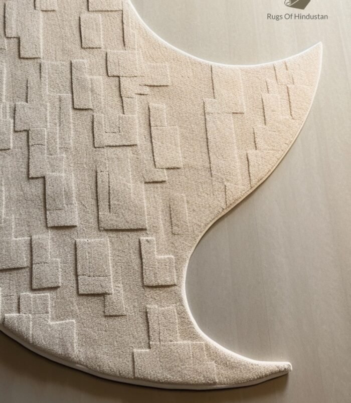 Crescent moon rug with geometric textures in neutral beige, designed for contemporary and minimalist interiors.