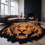 Bold tiger face rug with vibrant orange and black 3D design, perfect for modern home decor.