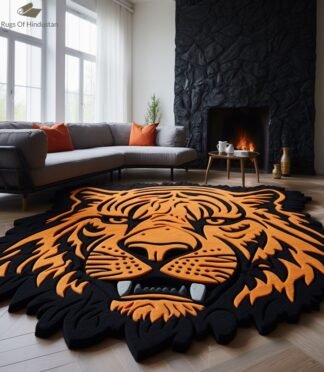 Bold tiger face rug with vibrant orange and black 3D design, perfect for modern home decor.