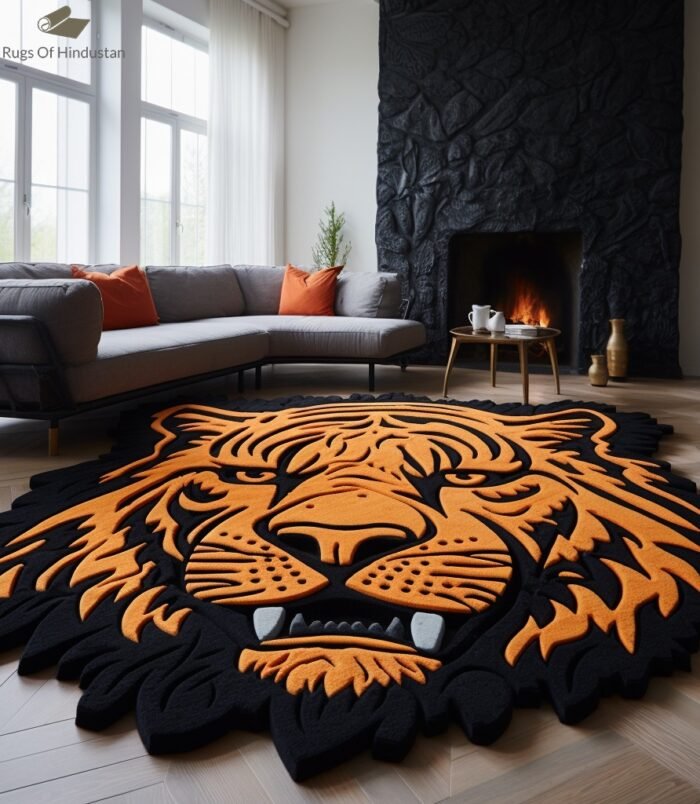 Bold tiger face rug with vibrant orange and black 3D design, perfect for modern home decor.