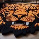 Bold tiger face rug with vibrant orange and black 3D design, perfect for modern home decor.