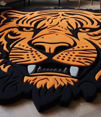 Bold tiger face rug with vibrant orange and black 3D design, perfect for modern home decor.