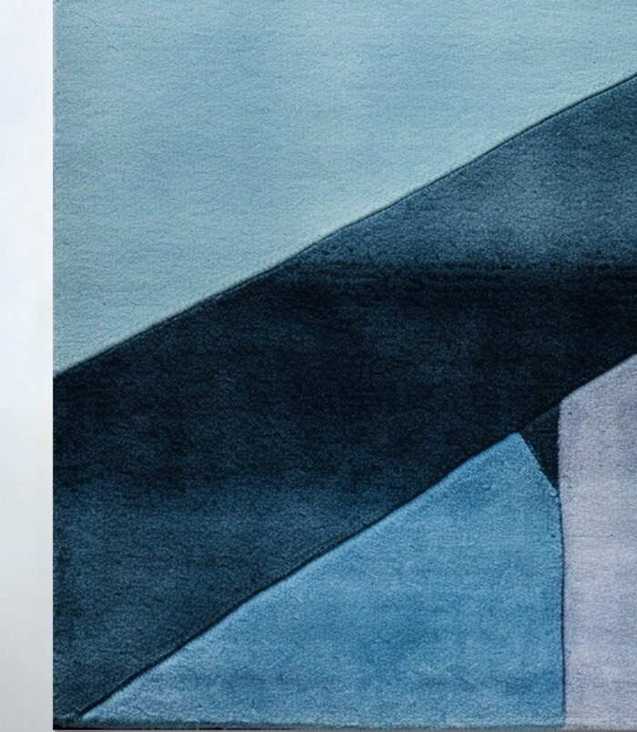 Abstract geometric rug with bold blue, orange, and yellow tones in a modern hand-tufted design.