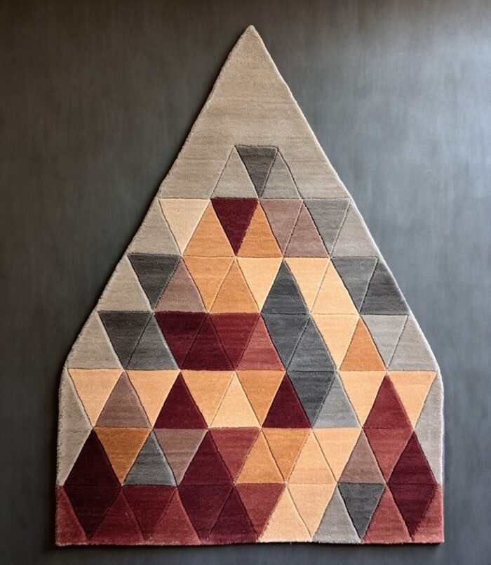Triangular geometric rug in beige, maroon, and gray tones with a modern handcrafted design.