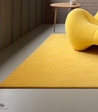 Minimalist yellow rug in a modern living room with a soft plush texture and contemporary design.