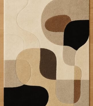 Modern abstract area rug with a beige and black geometric design, perfect for contemporary living spaces.