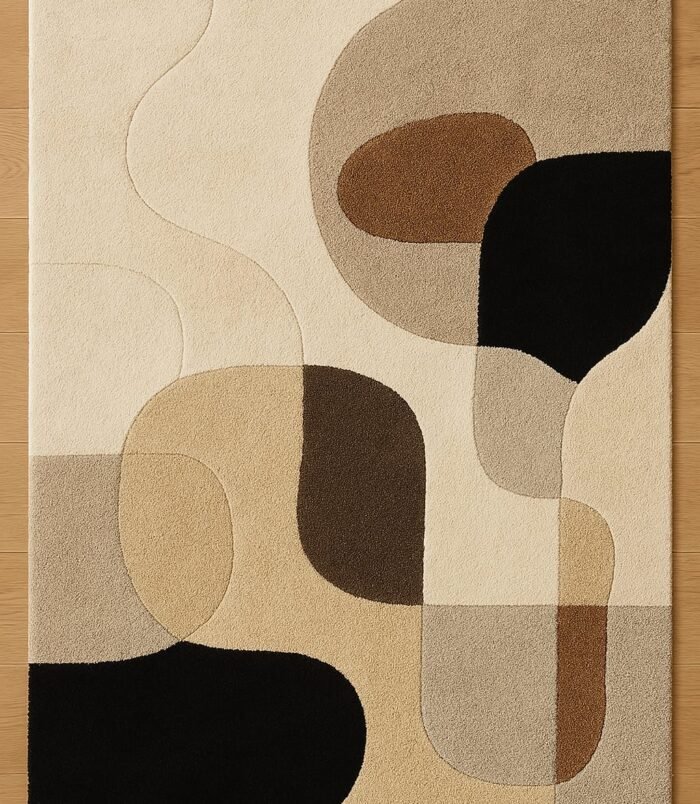 Modern abstract area rug with a beige and black geometric design, perfect for contemporary living spaces.