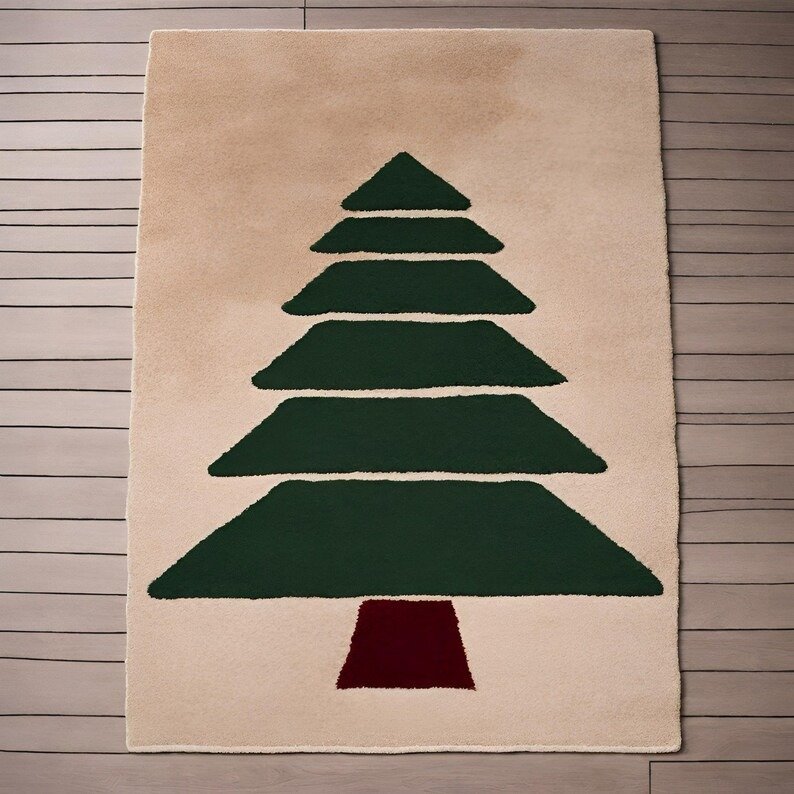 Beige hand-tufted wool rug with minimalist Christmas tree design in forest green