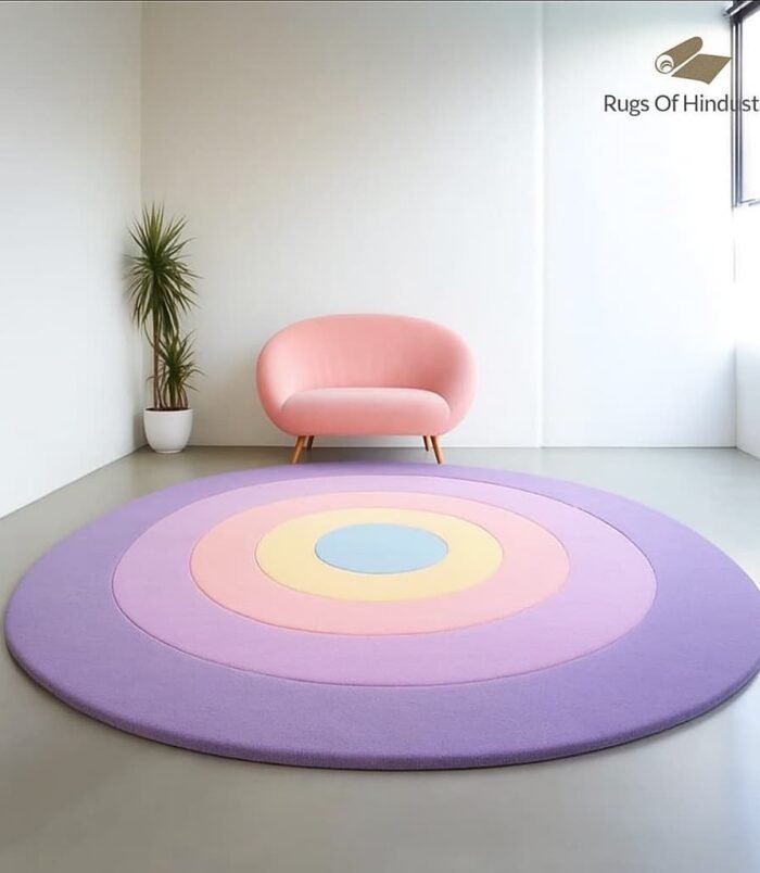 Pastel concentric circle rug in lavender, pink, yellow, and blue – round modern wool carpet for nursery or kids room