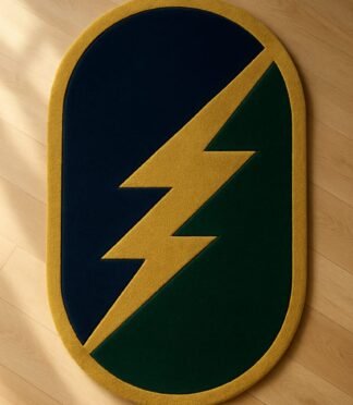 Hand-tufted wool rug in lightning bolt design with navy, green, and gold palette – by Rugs Of Hindustan