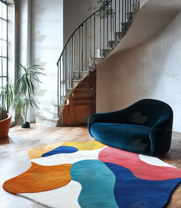 Bold multicolor rug in abstract shape under staircase and blue couch